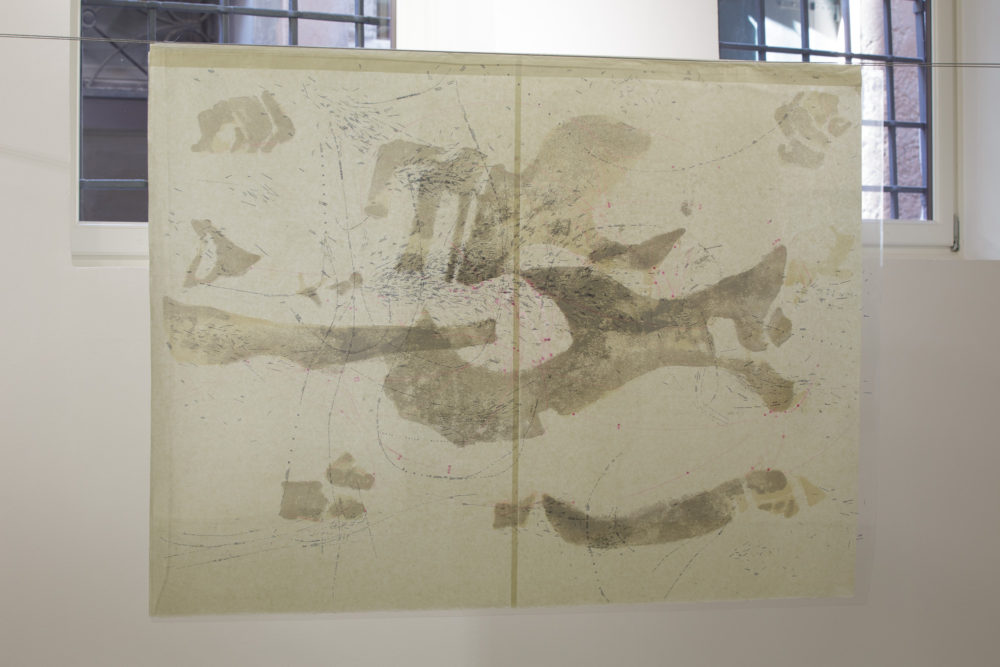 Installation view by Laura Bisotti, Quando scivolerà, 2016, Monotype on Senkwann 40 gsm. paper and digital print on acetate paper, 94 x 126 cm each