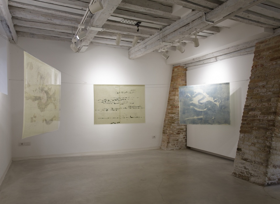 Installation view of Quando Scivolerà, Laura Bisotti, three elements, Monotype on Senkwann 40 gsm. paper and digital print on acetate paper, 94 x 126 cm each