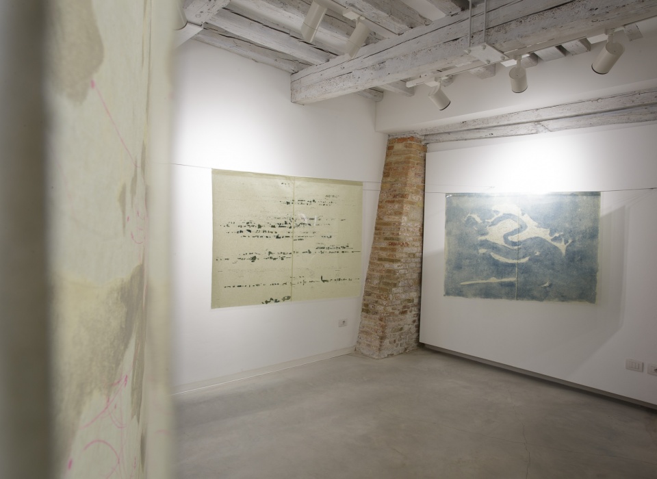 Installation view of Quando Scivolerà, Laura Bisotti,three elements, Monotype on Senkwann 40 gsm. paper and digital print on acetate paper, 94 x 126 cm each